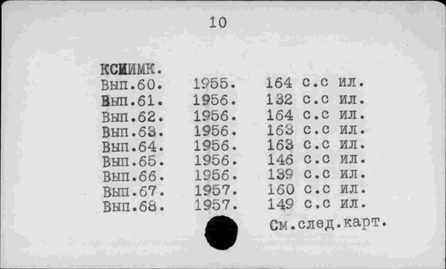 ﻿10
ксиимк.
Вып.бО.
Вып.61.
Вып.62.
Вып.бЗ.
Вып.64.
Вып.65.
Вып.бб.
Вып.67.
ВШ1.68.
1955.
1956.
1956.
1956.
1956.
1956.
1956.
1957.
1957.
164 с.с ил.
132 с.с ил.
164 с.с ил.
163 с.с ил.
163 с.с ил.
146 с.с ил.
139 с.с ил.
160 с.с ил.
149 с.с ил.
См.след.карт